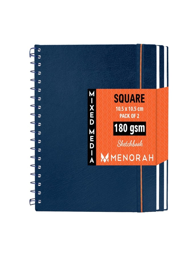 MENORAH مينورا - دفتر رسم فني - مربع - 180 غرام/م² - الحجم (10.5 × 10.5 سم) عبوة من 2 - دفتر رسم صغير الحجم للسفر - 100 صفحة/50 ورقة - غلاف معدني حلزوني متين - كتاب فني (أزرق داكن) - Image 1